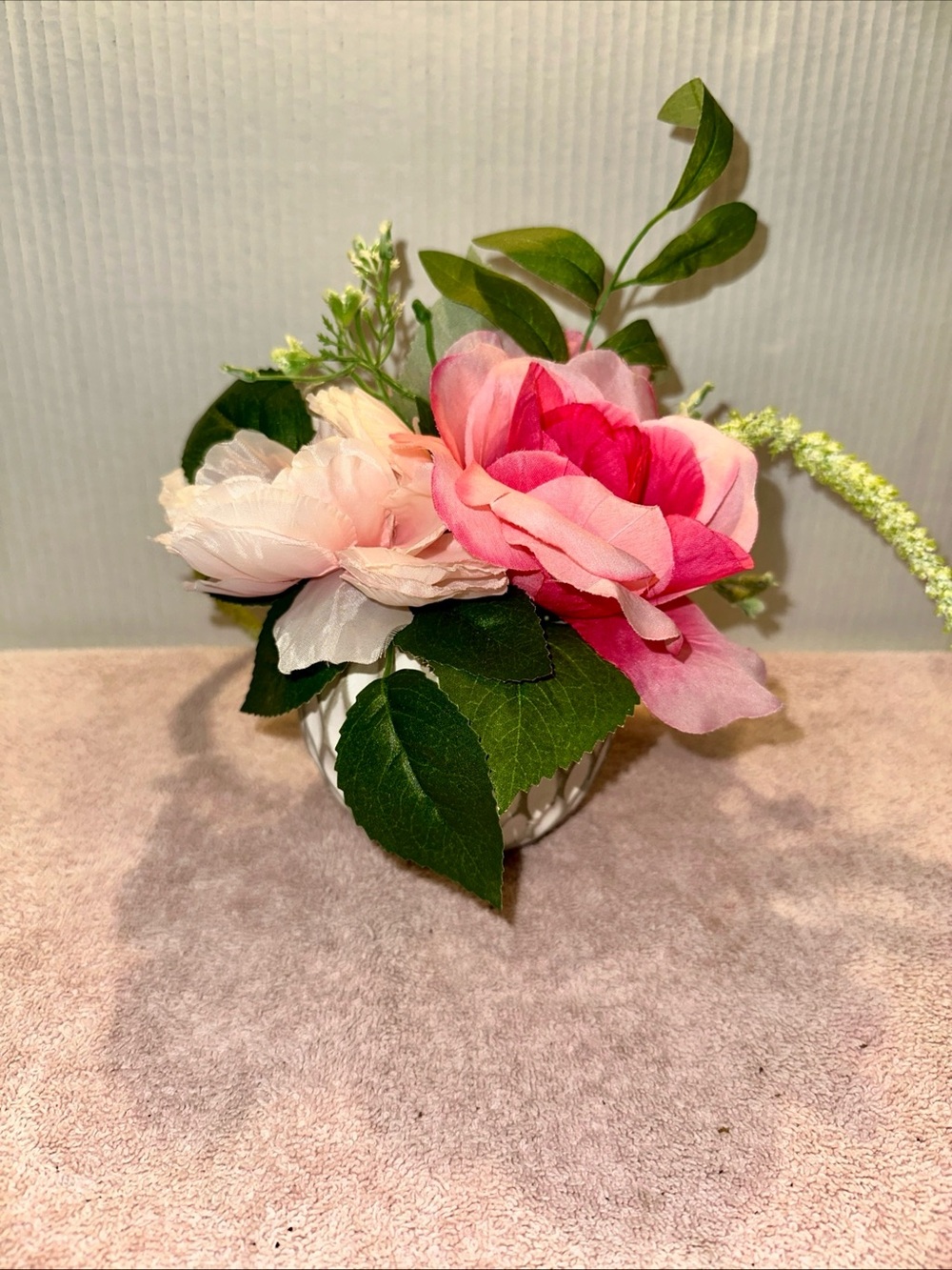 Artificial Pink and Blush Rose Arrangement in White Vase - Home Accents 11x11